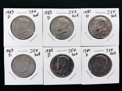 1980-1983 D Kennedy Half Dollar Lot (6 Coins) Denver Mint, Copper-Nickel Clad, XF&ndash;AU