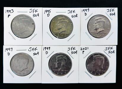 Kennedy Half Dollar Coins - 1993, 1995, 1997, 1999, 2021 - P & D Mint Marks