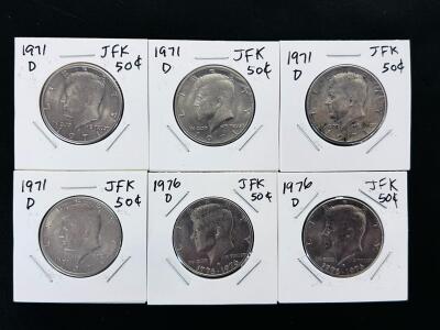 1971-D & 1976-D Kennedy Half Dollars, Circulated, Bicentennial, Denver Mint, Set of 6 Coins