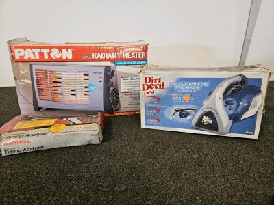 Dirt Devil Platinum Force 08240 Corded Handheld Vacuum, Patton 1500 Watt Radiant Heater, Craftsman Timing Analyzer