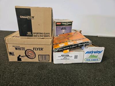 Mixed Lot: Sporting Clays, Trap Targets, Coleman Lantern, Do-All .22 Spinner, Werner Kit, Polyvinyl Films