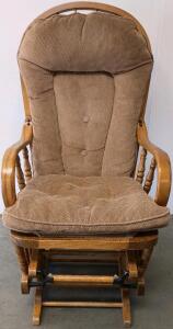 Traditional Oak Glider Rocking Chair With Padded Cushions, Manual Wood/Metal Glide, Tan Upholstery