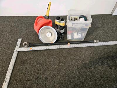Mixed Garage Tool Lot - 1 Gal Gas Can, Clamp Lamp, L-Square, Hot Shot Spray, Storage Bin