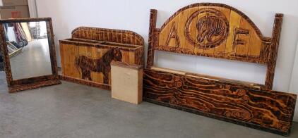 Rustic Wooden Bedroom Set With Horse Carvings &ndash; Headboard, Footboard, Chest, Mirror- Full Size