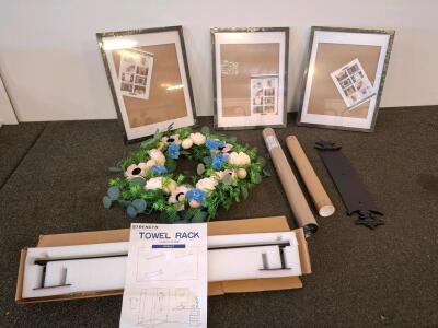 3 Black Poster Frames 16.5"x20.5", Strength Towel Rack, Floral Wreath, Window Tint Roll, Address Plaque