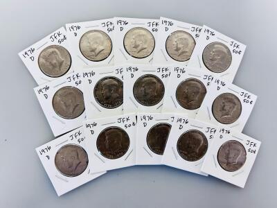 1976-D Kennedy Bicentennial Half Dollar Coins, 15 Coins, Denver Mint, Copper-Nickel Clad