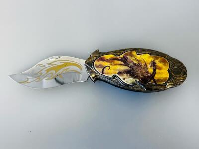 Decorative Dragon Folding Pocket Knife China, Gold-Flame Etched Blade, 6" Open, Fantasy Art Handle