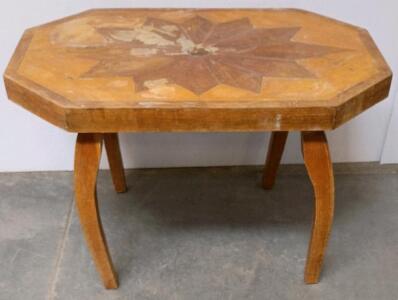 Vintage Octagonal Wood Side Table With Starburst Marquetry, Curved Legs,