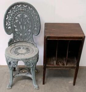 Antique Foe Cast Iron Fern Pattern Garden Chair And Vintage Wooden Magazine Rack
