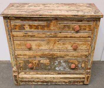 Antique Primitive 3-Drawer Wooden Dresser, Square Knobs, Distressed Patina, Circa 1900