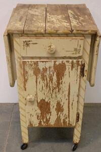 Antique Drop-Leaf Wooden Kitchen Cart Table, Distressed Painted Finish, Drawer & Cabinet, Casters
