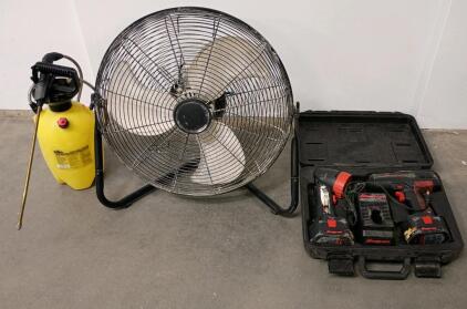 Snap-On 18V Cordless Impact Driver & Utility Light Set with Case, Industrial Floor Fan, K-Gro 2-Gallon Sprayer