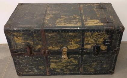 Antique Steamer Trunk with Drawers, Black Metal Exterior, Estimated 1900's