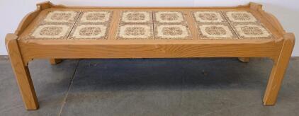 Vintage 1970s European Tile-Top Wooden Coffee Table With Floral Motif