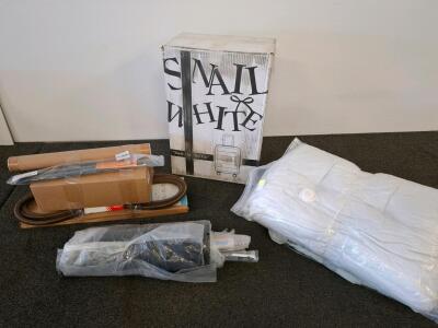 Various Auto Parts & Snail White Carry-On Suitcase &ndash; Lift Supports, FEL-PRO Gasket, Tesla Mats, Two Pillows