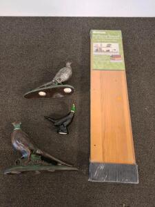 Woodland Honey Floating Wood Shelf, 36" & 3 Bird Statues Metal Patinated, Glass Pheasant