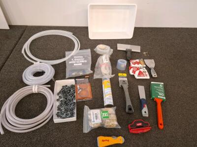 Home Tool Lot: Putty Knives, Paint Scrapers, Sanding Sheets, Clamps, Hoses, Hardware