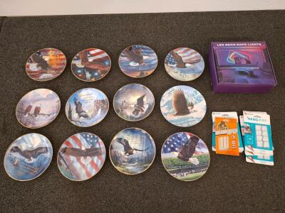 12 Bald Eagle Collector Plates, Gorilla & Velcro Wall Mounts, LED Neon Rope Lights, Porcelain, Art
