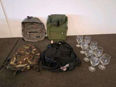 Lot of 4 Backpacks: JanSport, Track Camo, Olive, Black "Devils" Gym Bag, 8 Wine Glasses Included