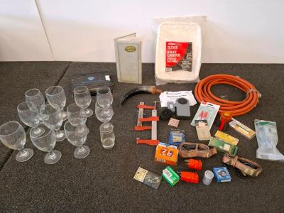 Mixed Lot 30+ Household Hardware, Electrical, Ratchet Straps, Deer Caller, Glassware, Air Hose