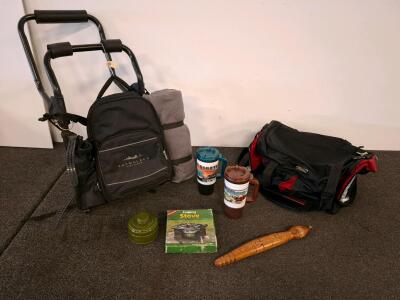Outdoor Gear Lot: Dickies Duffel, Skywalker Backpack Set, Coghlan&rsquo;s Folding Stove, Mugs, Blanket