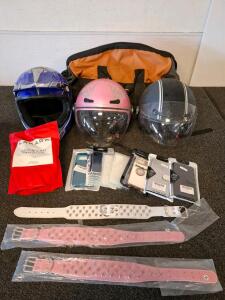 3 Motorcycle/Scooter Helmets, 3 Spiked Dog Collars (PU Leather), Phone Cases, And Sakara Powder