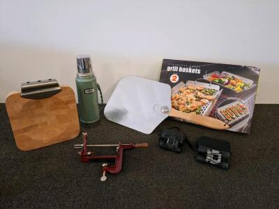 Stanley Flask, Grill Baskets, Chopping Block With Chopper, Binoculars & Apple Peeler
