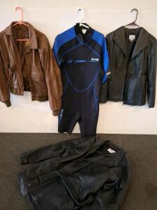 Wilsons Bomber (L), Pelle Studio Moto (3XL), East 5th Women's Jacket (M), Bare 2mm Shorty (2XL)