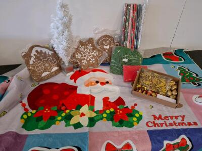 Christmas Decorations: Santa Area Rug, Tabletop Tree, Ornaments, Wrapping Paper, Gingerbread Decor Pillows