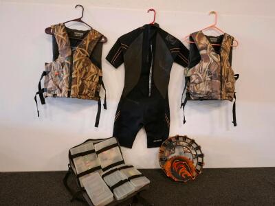Complete Fishing Set: 2 Adult Type III PFDs, Body Glove Wetsuit, 3 Tackle Boxes, Trophy Bag