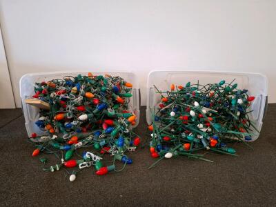 Set Of Multicolor C9 Christmas Light Strands, Approx. 150 Bulbs, Mounting Clips, Storage Bins