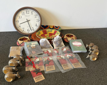 Sterling & Noble Wall Clock, Handmade Baskets, Ornaments, Zebra Figurines, 25+ Greeting Cards