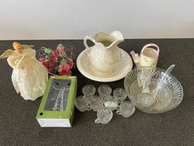 Vintage Cut Glass Angel Punch Bowl Set With Cups, Iridescent Pitcher & Basin, Angel Figurines