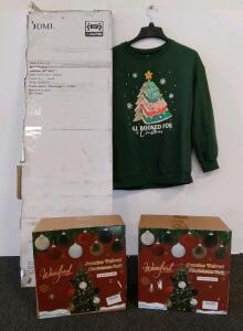 DMI Folding Bed Board, Double Size (48" x 60"), Wood, Brown, Folds Into Four Sections, Green Seasonal Sweater (Size M), x8 Velvet Christmas Balls