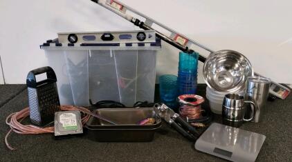 Household Items With Kitchenware, Cables, WD 1TB Hard Drive, Philips 100 Ft Speaker Wire