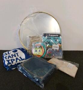24" Gold Frame Round Wall Mirror With Balloons, Banners, Transporte Poster, Decor Kit
