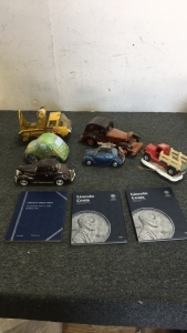 (6) Vintage toy Cars (3) Lincoln Cent Albums