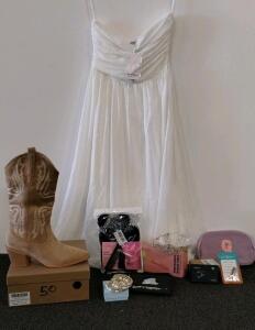 Women's Western Bridal/Pageant Dress, Size 8 Cowgirl Boots, Tiara, 13-Pc Makeup Set, Bag, Jewelry