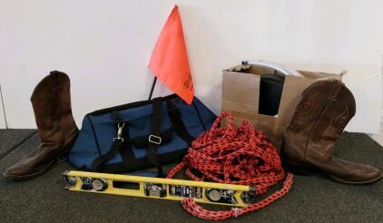 California Pak Duffel Bag, Plumb 24" Spirit Level, Leather Cowboy Boots Size 13, Utility Rope, Safety Flag, Cooling System Box