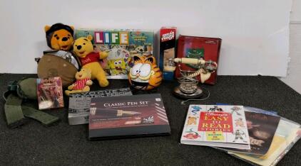 Vintage rotary phone, Garfield alarm clock, canteens, board games, engraving pen, and more.