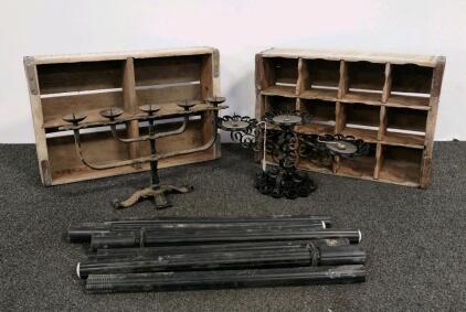 Vintage Royal Crown Cola & Fresh Up Soda Crates, Wrought Iron Candelabra, Stanchion Poles