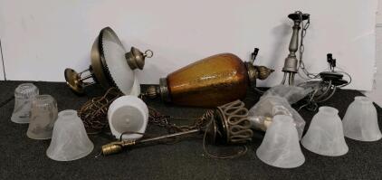Vintage Brass & Glass Ceiling Light Fixtures Lot &ndash; 3 Fixtures, 7 Glass Shades, Restoration/Parts