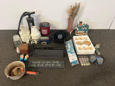 Large Miscellaneous Lot: Decor, Kitchen, Collectibles, Tools, Air Pump, Snorkel Mask, Lampshades