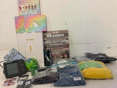Mixed Lot: Lowrance X86 DS Fish Finder, XTUOES Pet Feeder, Alex Tech Cable Sleeve, Clothing, More