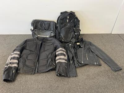 H&M Leather Biker Jacket, Blackburn 16L Pannier Bag, SwissGear Backpack, Armored Textile Jacket
