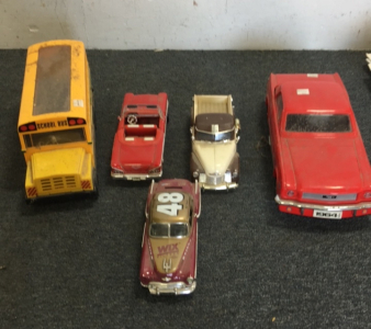 (1) Ford Mustang VHS Tape Rewinder (1) Crayola Crayons Bus (3) Die cast cars