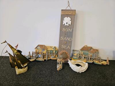 Metal Sailboat Sculpture, Wooden Wall Plaque, Dock Scenes, And Shell Bowl