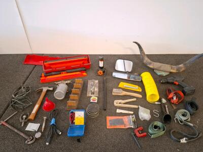 Mixed Lot: Automotive Repair Tools, Safety Triangle, Corded Drill, Mirrors, Multimeter, 25+ Items