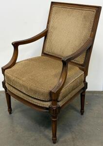 Traditional Louis XVI Style Armchair, Carved Wood Frame, Brown Woven Fabric