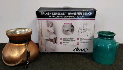 Drive Splash Defense Transfer Bench, 400 lb Capacity, Curtain Guard, Adjustable Height, White, And Decorative House Pots